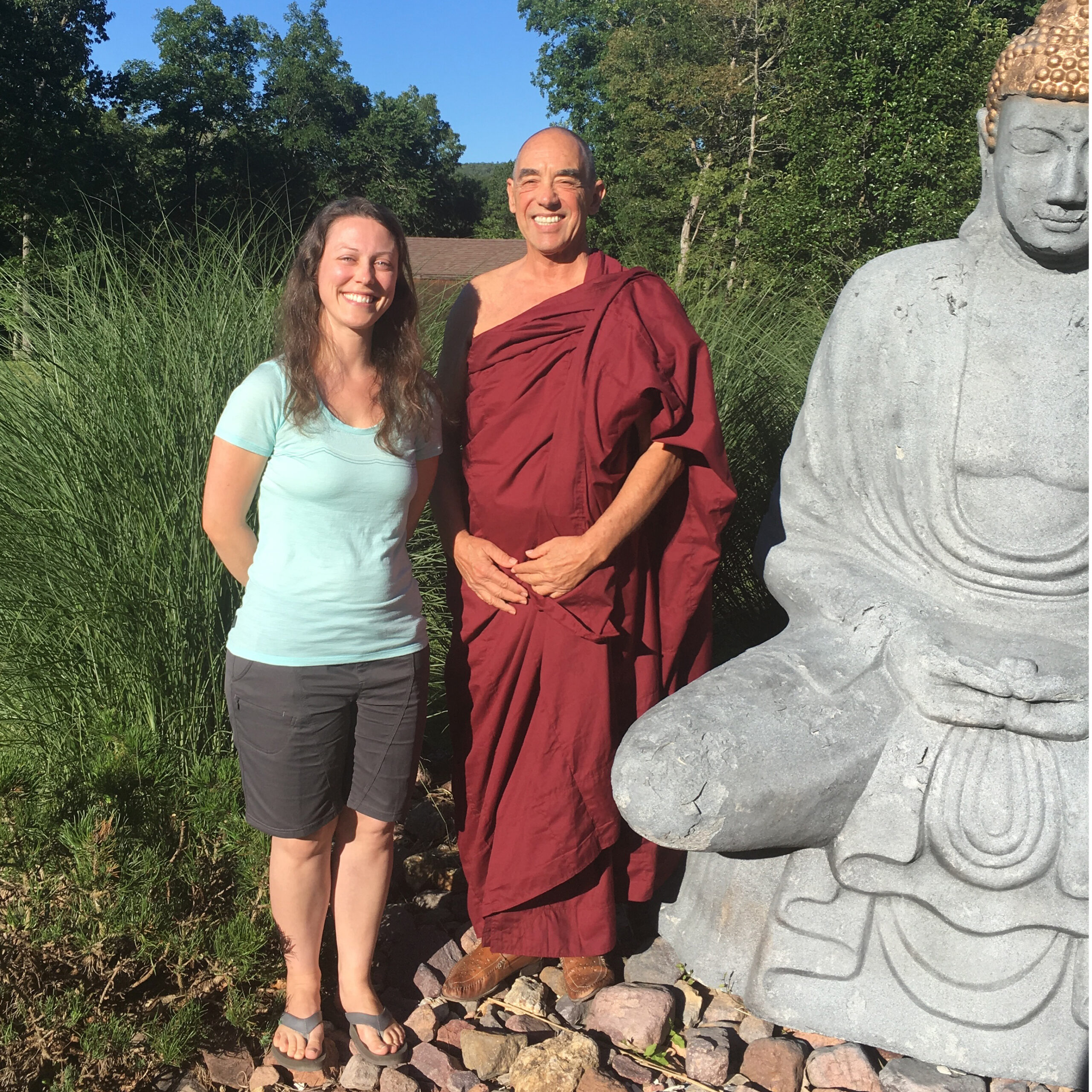 Cassandra Gearhart with Sāmaṇera Paññā (Scott A. Jordan) at Dhamma Sukkha Meditation Center, Annapolis, Missouri, June 2019